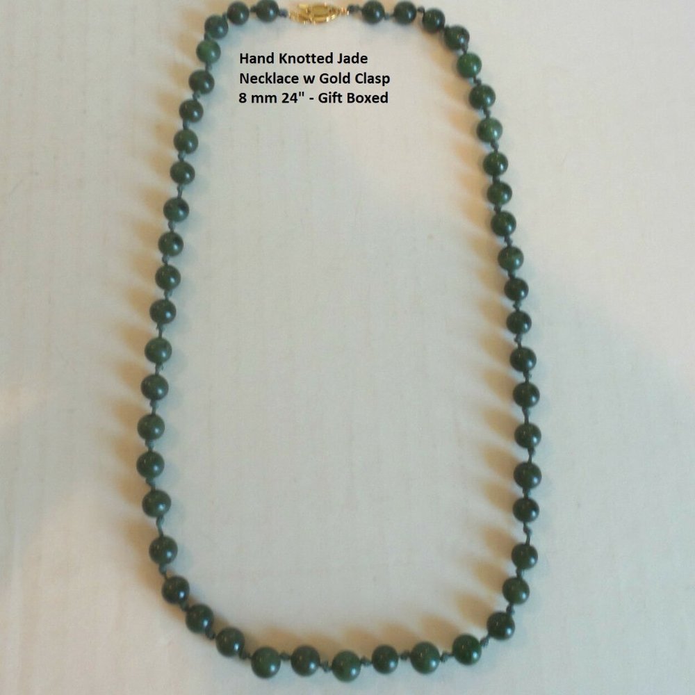 Hand Knotted Green Jade Bead Necklace NWT 6 or 8mm 18 or 24 inches NEW